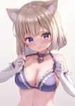  1girl animal animal_ears animal_on_chest bare_shoulders bell blue_bra blue_choker bra breasts brown_hair cat_ears choker cleavage collarbone commentary elbow_gloves frilled_bra frills gloves halter_top halterneck highres jingle_bell large_breasts looking_at_viewer original purple_eyes sakuraume short_hair simple_background solo strap_pull underwear upper_body white_background white_gloves 