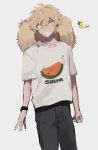  1boy black_pants blonde_hair chin_strap collarbone commentary_request cowboy_shot food freckles fruit grey_background grin guu_(guu8) hat highres lemon looking_at_viewer male_focus original pants romaji_text shirt short_hair short_sleeves simple_background smile solo straw_hat sun_hat t-shirt very_short_hair watch watermelon_slice white_shirt wristwatch yellow_eyes 