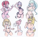  6+girls artoria_caster_(fate) artoria_caster_(swimsuit_berserker)_(first_ascension)_(fate) artoria_pendragon_(fate) baobhan_sith_(fate) baobhan_sith_(swimsuit_pretender)_(third_ascension)_(fate) barghest_(fate) barghest_(swimsuit_archer)_(final_ascension)_(fate) blonde_hair blush bow braid closed_eyes closed_mouth fate/grand_order fate_(series) green_eyes grey_eyes grey_hair habetrot_(fate) hair_between_eyes hair_bow heterochromia highres ichigo_berry long_hair looking_at_viewer melusine_(fate) melusine_(swimsuit_ruler)_(fate) melusine_(swimsuit_ruler)_(first_ascension)_(fate) morgan_le_fay_(fate) morgan_le_fay_(water_princess)_(fate) multiple_girls nail_polish open_mouth pink_hair ponytail shirt simple_background smile swimsuit twintails very_long_hair white_background white_shirt yellow_eyes 