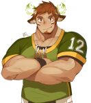 1boy american_football_uniform animal_ears bara blush brown_eyes brown_hair cow_boy cow_ears cow_horns crossed_arms dark-skinned_male dark_skin facial_hair feather_necklace fiery_horns forked_eyebrows glowing_horns goatee green_shirt hachi_duchi highres horns large_pectorals looking_at_viewer male_cleavage male_focus muscular muscular_male pectorals shirt short_hair short_sleeves smile solo spiked_hair sportswear thick_eyebrows tight tight_shirt tokyo_houkago_summoners wakan_tanka 