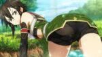  1girl ass black_eyes black_hair black_panties black_shorts day detached_sleeves game_cg highres looking_at_viewer official_art outdoors panties see-through shorts sinon sinon_(sao:hf) solo source_request sword_art_online sword_art_online:_hollow_fragment underwear water wet 