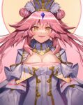  1girl breasts cleavage double_bun drll11 eyebrows_visible_through_hair fate/grand_order fate_(series) fox_girl hat highres koyanskaya_(fate) large_breasts long_hair looking_at_viewer looking_down open_mouth pink_hair simple_background solo tamamo_(fate) very_long_hair white_background yellow_eyes 