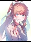  1girl aicedrop blazer bow brown_hair doki_doki_literature_club green_eyes hair_intakes hand_on_own_cheek hand_on_own_face jacket long_hair long_sleeves looking_at_viewer monika_(doki_doki_literature_club) ponytail ribbon school_uniform sidelocks simple_background solo white_ribbon 