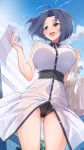  1girl :d ahoge ass_visible_through_thighs bag black_panties blue_hair blue_sky blush building cloud commentary_request day dress handbag highres holding holding_paper idolmaster miura_azusa mk_(mod0) open_mouth outdoors panties paper parted_bangs red_eyes short_hair sky smile solo standing thighs underwear white_bag white_dress 