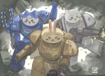  1girl 3others :3 absurdres adeptus_astartes armor artist_name bear black_hair blue_armor chiikawa chiikawa_(character) clenched_hand commentary commentary_request crossover firing full_body furry gun hachiware_(chiikawa) heart heavy_bolter helping highres holding holding_gun holding_weapon kicking multiple_others open_mouth outstretched_arm pauldrons power_armor rabbit shadow shoulder_armor signature ultramarines usagi_(chiikawa) warhammer_40k weapon white_armor yellow_armor yukiale 