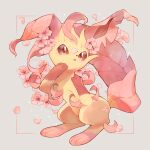  alternate_color blush brown_eyes commentary_request flower framed gen_4_pokemon grey_background highres kikuyoshi_(tracco) leafeon looking_at_viewer no_humans petals pink_flower pokemon pokemon_(creature) toes 