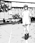  1girl absurdres boots closed_mouth graffiti greyscale highres looking_at_viewer monochrome mural naked_shirt negative_space original outdoors shirt short_hair short_sleeves solo standing wataboku 