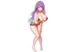  barefoot bikini blush breast_hold breasts cleavage fang long_hair orange_eyes original purple_hair suruga_(xsurugax) swimsuit white wink 