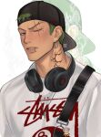  1boy alternate_costume aransmind artist_name backwards_hat bag baseball_cap brown_eyes buzz_cut character_charm charm_(object) cyber_sigilism ear_piercing earrings eye_piercing eyebrow_piercing face_piercing green_hair hat headphones headphones_around_neck highres ibispaint_(medium) jewelry lip_piercing looking_at_viewer neck_tattoo necklace one_eye_closed one_piece oversized_clothes oversized_shirt parted_lips piercing roronoa_zoro scar scar_across_eye scar_across_eyebrow scar_on_face shirt short_hair shoulder_bag silver_necklace single_earring t-shirt tattoo tony_tony_chopper very_short_hair white_background white_shirt zoom_layer 