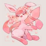  ;d alternate_color blush brown_eyes commentary_request flower framed full_body gen_4_pokemon glaceon grey_background highres kikuyoshi_(tracco) no_humans one_eye_closed open_mouth petals pink_flower pokemon pokemon_(creature) smile solo toes tongue 
