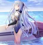  1girl 3_small_spiders absurdres ak-12_(girls&#039;_frontline) black_ribbon braid closed_mouth cloud cloudy_sky french_braid girls&#039;_frontline hair_ribbon highres hood hooded_jacket jacket long_hair looking_at_viewer one_eye_closed ponytail ribbon short_sleeves silver_hair sky smile solo surfboard very_long_hair wading water white_jacket 