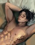  1boy absurdres aransmind armpits arms_up artist_name bed black_hair choso_(jujutsu_kaisen) closed_mouth cyber_sigilism ear_piercing eye_piercing eyebrow_piercing face_piercing hand_on_own_head highres ibispaint_(medium) jujutsu_kaisen lip_piercing looking_at_viewer lying male_focus nipple_piercing on_back on_bed piercing plug_(piercing) purple_eyes solo tattoo 