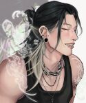  1boy alternate_hairstyle aransmind artist_name black_hair black_tank_top blonde_hair chain chain_necklace colored_inner_hair cross cross_necklace cyber_sigilism ear_piercing eye_piercing eyebrow_piercing face_piercing getou_suguru hair_bun hair_half_over_shoulder highres ibispaint_(medium) jewelry jujutsu_kaisen lip_piercing long_hair looking_at_viewer multicolored_hair naughty_face necklace nose_piercing piercing plug_(piercing) profile purple_eyes red-eye_effect silver_necklace single_hair_bun tank_top two-tone_hair white_background zoom_layer 