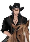 1boy absurdres alternate_costume aransmind black_hair black_shirt bone_necklace chaps choso_(jujutsu_kaisen) cowboy cowboy_hat cowboy_shot denim ear_piercing face_piercing facial_mark hat highres horse horseback_riding ibispaint_(medium) jeans jewelry jujutsu_kaisen lip_piercing looking_to_the_side mouth_hold necklace one_eye_closed pants piercing purple_eyes red-eye_effect riding scar scar_across_eye scar_across_eyebrow scar_on_arm scar_on_chest scar_on_face shirt simple_background sleeves_rolled_up stalk_in_mouth suspenders unbuttoned white_background 