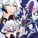  1girl animal_ears apron bare_shoulders black_leotard black_shoes blue_dress blue_eyes blush braid breasts bright_pupils closed_mouth collar collared_shirt dress embarrassed fake_animal_ears frills frown gram_9 hair_between_eyes heart heart-shaped_pupils highres holding holding_knife izayoi_sakuya knife large_breasts leotard looking_at_viewer maid maid_apron maid_headdress medium_hair multiple_knives pantyhose penis_awe penis_shadow playboy_bunny rabbit_ears rabbit_pose shirt shoes short_sleeves symbol-shaped_pupils touhou twin_braids white_hair white_pupils white_shirt 