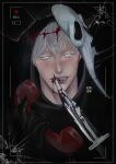  1boy absurdres alternate_costume aransmind artist_name battery_indicator black_background black_cloak blood blood_on_knife blue_eyes cloak colored_eyelashes cordless_phone cosplay cracked_mask cracked_screen ear_piercing eyebrow_piercing face_piercing ghost_mask ghostface ghostface_(cosplay) gojou_satoru highres holding holding_phone hood hood_up hooded_cloak ibispaint_(medium) jujutsu_kaisen knife licking licking_blade licking_lips licking_weapon lip_piercing mask mask_on_head naughty_face phone piercing recording red-eye_effect scar scar_on_cheek scar_on_chin scar_on_face scar_on_lip scream_(movie) tongue tongue_out viewfinder weapon white_eyelashes white_hair 