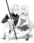  1boy 1girl breasts dress fairy_knight_lancelot_(fate) fate/grand_order fate_(series) greyscale highres long_hair monochrome one_eye_closed percival_(fate) petting polearm sitting sitting_on_person small_breasts spear syatey thighhighs weapon white_background 