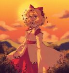  1girl ascot blonde_hair bow circle_cut cloud cloudy_sky dress frilled_dress frills grass hair_bow hair_ornament hair_ribbon highres hill instrument linmiee long_sleeves red_skirt ribbon satsuki_rin shaded_face shirt short_hair skirt sky sunset touhou white_shirt wide_sleeves 