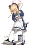  1girl animal_ear_headphones animal_ears apron aqua_ribbon back_bow black_dress black_shoes black_tail blonde_hair blue_archive blunt_bangs blush bow bucket cat_ear_headphones cat_ears cat_tail cleaning closed_eyes commentary dress eighth_note facing_down fake_animal_ears fake_tail frilled_apron frilled_dress frills full_body halo hanokunoba headphones highres holding holding_mop long_sleeves maid maid_apron maid_headdress momoi_(blue_archive) momoi_(maid)_(blue_archive) mop musical_note neck_ribbon o3o official_alternate_costume pantyhose parted_bangs pink_halo puffy_long_sleeves puffy_sleeves ribbon shoes short_hair short_twintails sidelocks simple_background solo standing tail twintails whistling white_apron white_background white_bow white_headdress white_pantyhose 