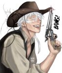  1boy absurdres aransmind artist_name black_nails black_vest blindfold blindfold_slip blush colored_eyelashes cowboy_hat cyber_sigilism earrings english_text gojou_satoru grills gun handgun hat highres holding holding_gun holding_weapon ibispaint_(medium) jewelry jujutsu_kaisen mouth_hold red-eye_effect scar scar_on_arm scar_on_cheek scar_on_chest scar_on_face scar_on_mouth scar_on_neck scar_on_nose shirt single_earring sleeves_rolled_up smile solo stalk_in_mouth vest weapon white_background white_eyelashes white_hair 