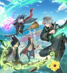  4boys :d absurdres ahoge alhaitham_(genshin_impact) amaichi_esora animal_ears black_coat black_gloves black_hair black_hoodie black_pants blonde_hair book broom broom_riding brown_vest closed_mouth cloud coat commentary_request cyno_(genshin_impact) day electricity flower flying genshin_impact glasses gloves green_hair grey_hair grey_vest highres holding holding_book holding_broom holding_quill holding_staff holding_wand hood hoodie hoyofair kaveh_(genshin_impact) long_sleeves looking_at_viewer male_focus mehrak_(genshin_impact) multicolored_hair multiple_boys open_mouth outdoors pants purple_vest quill smile staff streaked_hair tighnari_(genshin_impact) vest wand white_hair wide_sleeves yellow_flower 