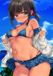  1girl adapted_costume bangs bare_shoulders beach bikini black_hair blue_bikini blue_sky blurry blush breasts cloud collarbone commentary_request covered_nipples cowboy_shot cropped day dress eyebrows_visible_through_hair fubuki_(kancolle) green_eyes hair_ornament hair_scrunchie halterneck highleg jacket kantai_collection long_sleeves looking_at_viewer medium_breasts navel nijimoto_hirok ocean off_shoulder open_clothes open_jacket outdoors parted_lips polka_dot polka_dot_bikini polka_dot_scrunchie scrunchie short_ponytail skindentation skirt sky solo standing stomach string_bikini sweat sweatdrop swimsuit swimsuit_under_clothes tan underboob water white_jacket 
