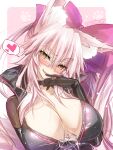  1girl akatsuki_(ggsy7885) animal_ear_fluff animal_ears bangs black_bodysuit blush bodysuit bow breasts center_opening choker cleavage fang fate/grand_order fate_(series) fox_ears fox_girl fox_tail glasses hair_between_eyes hair_bow heart highres koyanskaya_(fate) large_breasts long_hair looking_at_viewer open_mouth pink_bow pink_hair ponytail sidelocks smile solo spoken_heart tail tamamo_(fate) yellow_eyes 