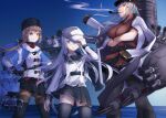  3girls anya_(artist) black_bow black_gloves black_headwear black_legwear black_skirt blue_shawl bow brown_eyes brown_hair cannon fingerless_gloves flat_cap gangut_(kancolle) gloves grey_hair hair_bow hat hibiki_(kancolle) highres jacket jacket_on_shoulders kantai_collection long_hair long_sleeves low_twintails miniskirt multiple_girls orange_eyes outdoors pantyhose papakha peaked_cap pipe_in_mouth pleated_skirt red_shirt rigging scar scar_on_cheek scar_on_face shirt silver_hair skirt smokestack tashkent_(kancolle) thighhighs turret twintails untucked_shirt verniy_(kancolle) white_headwear white_jacket 