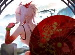  arknights chinadress horns nian_(arknights) no_bra pinlin pointy_ears tail tattoo umbrella 