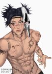  1boy absurdres aransmind arm_tattoo artist_name black_hair blood blood_on_cheek blood_on_chest blood_on_face blood_on_mask blood_on_shoulder chest_tattoo choso_(jujutsu_kaisen) commission cosplay cowboy_shot cracked_mask cyber_sigilism ear_piercing eyebrow_piercing face_piercing full-body_tattoo ghost_mask ghostface ghostface_(cosplay) highres ibispaint_(medium) jewelry jujutsu_kaisen lip_piercing male_focus male_pubic_hair mask mask_on_head neck_tattoo piercing plug_(piercing) pubic_hair purple_eyes red-eye_effect ring scar scar_across_eyebrow scar_across_eyes scar_on_chest scar_on_face scar_on_nose scar_on_stomach selfie shoulder_tattoo simple_background smokey_eyeshadow tattoo white_background 