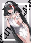  1girl apron areola_slip areolae azur_lane bangs black_hair blue_eyes blush breasts character_name deutschland_(azur_lane) dutch_angle eyebrows_visible_through_hair fangs highres large_breasts long_hair looking_at_viewer maid_headdress mole_on_body multicolored_hair naked_apron nose_blush open_mouth red_hair sharp_teeth sideboob solo streaked_hair takeakigaku teeth very_long_hair white_hair wrist_cuffs 