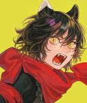  1girl alt_text animal_ears black_hair bow cat_ears cat_girl commentary dungeon_meshi fangs green_background hair_between_eyes highres izutsumi looking_at_viewer mismatched_animal_ear_colors open_mouth red_scarf sasakura34 scarf scarf_bow short_hair simple_background slit_pupils solo teeth upper_body yellow_eyes 