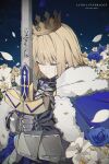  1girl absurdres ahoge armor artoria_pendragon_(fate) blonde_hair blue_background blue_cape blue_flower blue_rose bob_cut breastplate cape character_name closed_eyes closed_mouth copyright_name crown excalibur_(fate/stay_night) expressionless falling_petals fate/stay_night fate_(series) flower flower_request fur-trimmed_cape fur_trim gauntlets gugugu_official hair_down highres holding holding_sword holding_weapon petals pointed_crown rose saber_(fate) short_hair simple_background solo sword two-handed u_u unsheathed upper_body weapon white_flower white_petals 