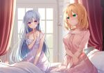  2girls ahoge anne-sophia_wynn_palletia bangs blonde_hair blurry blurry_background blush breasts closed_mouth collarbone commentary_request curtains depth_of_field dress euphilia_magenta eyebrows_visible_through_hair finger_to_mouth green_eyes indoors kisaragi_yuri long_hair looking_at_another medium_breasts medium_hair multiple_girls on_bed pajamas pout purple_eyes silver_hair sitting sitting_on_bed small_breasts smile tensei_oujo_to_tensai_reijou_no_mahou_kakumei very_long_hair window yuri 