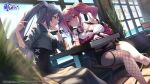  2girls anthropomorphism azur_lane bremerton_(azur_lane) drink fukai_ryousuke intrepid_(azur_lane) logo long_hair pink_eyes pink_hair shorts thighhighs twintails 