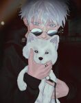  1boy animal aransmind artist_name black_hoodie blue_eyes colored_eyelashes dog ear_piercing gojou_satoru highres hood hood_down hoodie ibispaint_(medium) jujutsu_kaisen kiss kissing_animal light_blush looking_at_viewer night piercing polaroid_photo road round_eyewear selfie street sunglasses white_dog white_eyelashes white_hair 