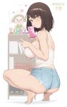  1girl absurdres ass bare_arms barefoot black_hair blush book bookshelf breasts brown_hair camisole cloba commentary_request denim denim_shorts fingernails from_behind grey_shorts highres large_breasts looking_at_viewer looking_back mole mole_under_eye original short_hair short_shorts shorts skindentation solo thighs toes too_many too_many_books w white_camisole 