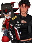  2boys aransmind artist_name baggy_pants black_hair black_jacket black_shirt character_charm charm_(object) cleavage_cutout clothing_cutout colored_tips cross cross_necklace cyber_sigilism ear_piercing eyebrow_piercing face_piercing furry_and_humanization gradient_hair helmet highres holding holding_unworn_helmet humanization ibispaint_(medium) jacket jewelry leather leather_belt leather_jacket lip_piercing male_underwear male_underwear_peek motorcycle_helmet mouth_hold mullet multicolored_hair multiple_boys necklace oversized_clothes oversized_shirt pants piercing ralph_lauren red_eyes red_shirt shadow_the_hedgehog shirt simple_background sonic_the_hedgehog stalk_in_mouth suzuki_(company) tan tight_clothes tight_shirt underwear unworn_headwear unworn_helmet ushanka white_background 