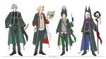  4boys absurdres alhaitham_(genshin_impact) alternate_costume amaichi_esora animal_ear_hood animal_ears black_hair black_pants black_robe black_shirt black_shoes blonde_hair book brown_cardigan cardigan collared_shirt commentary_request cyno_(genshin_impact) dark-skinned_male dark_skin feather_hair_ornament feathers fox_boy fox_ears full_body genshin_impact green_eyes green_hair green_necktie grey_hair grey_sweater_vest hair_ornament highres holding holding_book holding_quill holding_staff holding_wand hood hooded_robe hoyofair kaveh_(genshin_impact) long_hair mage_staff male_focus multicolored_hair multiple_boys necktie pants potion purple_bag purple_necktie purple_vest quill red_eyes red_necktie robe shirt shoes short_hair simple_background staff striped_necktie sweater_vest test_tube tighnari_(genshin_impact) two-tone_hair vest wand white_background white_hair white_shirt 