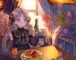  blush bow cha_goma cropped dress drink food goth-loli gray_eyes gray_hair lolita_fashion long_hair original ribbons 