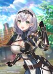  1girl :d armor armored_dress belt belt_pouch black_gloves blue_sky breasts brown_belt chest_guard cleavage cleavage_cutout clothing_cutout cloud collared_dress commentary_request copyright_notice day double-parted_bangs dress fingerless_gloves gloves green_eyes grey_hair hairband half_crown_braid hand_up hololive large_breasts leather_belt looking_at_viewer medium_hair official_art open_mouth outdoors pauldrons popompon pouch puffy_sleeves shirogane_noel shirogane_noel_(1st_costume) shoulder_armor single_pauldron sky smile solo tabard vambraces virtual_youtuber wavy_hair 