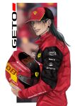  1boy absurdres alternate_costume aransmind artist_name baseball_cap black_hair blurry blurry_background border car character_name cowboy_shot ear_piercing english_text face_piercing ferrari formula_racer from_side getou_suguru hat helmet highres holding holding_unworn_helmet ibispaint_(medium) jujutsu_kaisen jumpsuit lip_piercing long_hair looking_at_viewer looking_to_the_side motor_vehicle motorcycle_helmet nose_piercing outside_border piercing plug_(piercing) porsche purple_eyes race_vehicle racecar racing_suit red_jumpsuit solo standing unworn_headwear unworn_helmet white_border 