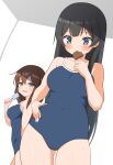  2girls agano_(kancolle) aqua_eyes bare_arms bare_legs bare_shoulders belly_grab black_hair black_swimsuit blue_eyes blush braid breasts brown_hair chaostein collarbone competition_school_swimsuit cowboy_shot eyebrows_visible_through_hair food hair_between_eyes highres holding holding_food kantai_collection large_breasts long_hair multiple_girls noshiro_(kancolle) one-piece_swimsuit open_mouth plump popsicle sweat swimsuit twin_braids 