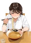  1girl blush brown_hair chopsticks closed_mouth collared_shirt commentary_request cup dress_shirt earrings eating food hardboiled_egg holding holding_chopsticks holding_spoon ice ice_cube jewelry mattaku_mousuke noodles original ramen shirt simple_background sleeves_rolled_up solo spoon sweatdrop upper_body watch water watermark watermark_grid white_background white_shirt wristwatch 