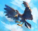  bird cloud commentary_request day full_body gen_4_pokemon highres kikuyoshi_(tracco) no_humans open_mouth outdoors pokemon pokemon_(creature) sky solo staravia talons 