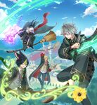  4boys :d absurdres ahoge alhaitham_(genshin_impact) amaichi_esora animal_ears black_coat black_gloves black_hair black_hoodie black_pants blonde_hair book broom broom_riding brown_vest closed_mouth cloud coat commentary_request cyno_(genshin_impact) day electricity flower flying genshin_impact glasses gloves green_hair grey_hair grey_vest highres holding holding_book holding_broom holding_quill holding_staff holding_wand hood hoodie hoyofair kaveh_(genshin_impact) long_sleeves looking_at_viewer male_focus mehrak_(genshin_impact) multicolored_hair multiple_boys open_mouth outdoors pants purple_vest quill smile staff streaked_hair tighnari_(genshin_impact) vest wand white_hair wide_sleeves yellow_flower 