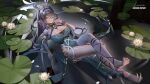  1girl absurdres antler_ornament antlers bare_shoulders barefoot blue_dress blue_eyes blue_hair breasts character_name cleavage closed_mouth commentary_request copyright_name covered_navel crossed_bangs crossed_legs deer_antlers deer_girl dress feet flower from_above genshin_impact gold_jewelry hair_between_eyes hair_intakes highres horns jewelry large_breasts lauma_(genshin_impact) legs lily_pad long_hair looking_at_viewer lying on_back pelvic_curtain petals petals_on_liquid pointy_ears ring shallow_water soaking_feet soles solo thighs toes very_long_hair water water_lily_flower wet xiaojuan_(user_ezvt7287) 