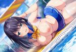  aqua_eyes bikini black_hair breasts nipples no_bra original oryou pool school_uniform see_through skirt_lift swimsuit thighhighs third-party_edit water wet wristwear 