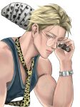  1boy absurdres adjusting_eyewear animal_print aransmind artist_name blonde_hair blue_tank_top cheekbones green_eyes highres holding holding_knife ibispaint_(medium) jujutsu_kaisen knife leopard_print muscular nanami_kento necktie round_eyewear short_hair simple_background sitting tank_top veins veiny_arms watch white_background wristwatch yellow_necktie 