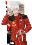  1boy absurdres alternate_costume aransmind artist_name blue_eyes blurry blurry_background border car character_name cowboy_shot earphones english_text ferrari formula_one formula_racer gojou_satoru helmet highres holding holding_unworn_helmet ibispaint_(medium) jujutsu_kaisen looking_at_viewer motor_vehicle motorcycle_helmet outside_border puma_(brand) race_vehicle racecar racing_suit red-eye_effect smile standing unworn_headwear unworn_helmet white_background white_border white_hair 